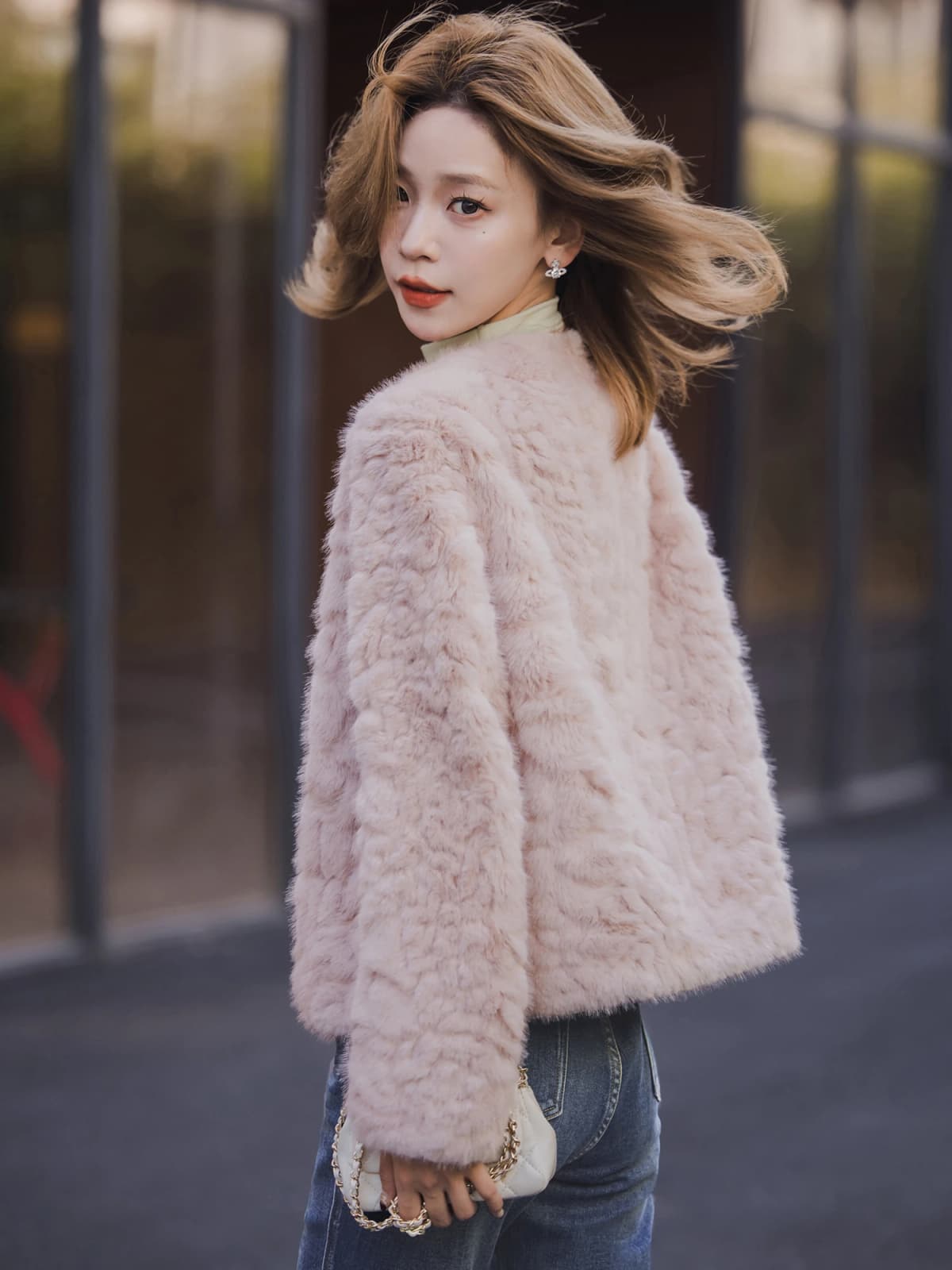 XIAOGULI Women Soft Pink Cropped Faux Fur Jacket Winter Coat Round Neck Korean Style Fluffy Plush Warm Casual Short Outerwear