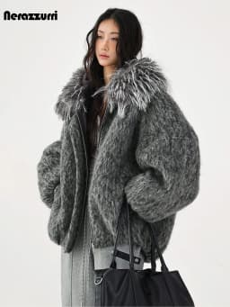 Nerazzur Autumn Winter Warm Thick Grey Oversized Quilted Blends Coat for Women with Faux Fur Trim Hood Loose Casual Woolen Coat