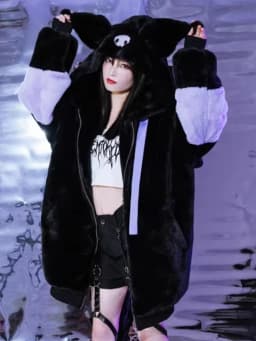 Mauroicardi Winter Thick Warm Soft Cute Purple and Black Color Block Faux Fur Coat Women Fluffy Jacket Hoodie with Bunny Ears