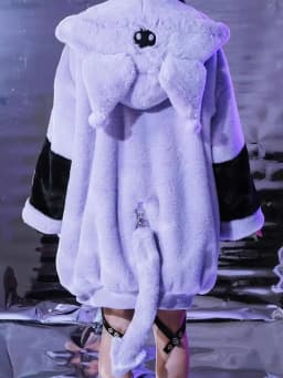 Mauroicardi Winter Thick Warm Soft Cute Purple and Black Color Block Faux Fur Coat Women Fluffy Jacket Hoodie with Bunny Ears