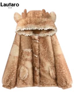 Lautaro Autumn Winter Thick Warm Sweet Cute Lace Patchwork Faux Fur Coat Hoodie Women with Deer Ears Horn Buttons Fluffy Jacket