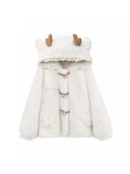 Lautaro Autumn Winter Thick Warm Sweet Cute Lace Patchwork Faux Fur Coat Hoodie Women with Deer Ears Horn Buttons Fluffy Jacket