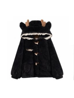 Lautaro Autumn Winter Thick Warm Sweet Cute Lace Patchwork Faux Fur Coat Hoodie Women with Deer Ears Horn Buttons Fluffy Jacket