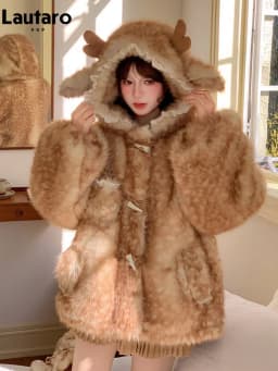 Lautaro Autumn Winter Thick Warm Sweet Cute Lace Patchwork Faux Fur Coat Hoodie Women with Deer Ears Horn Buttons Fluffy Jacket