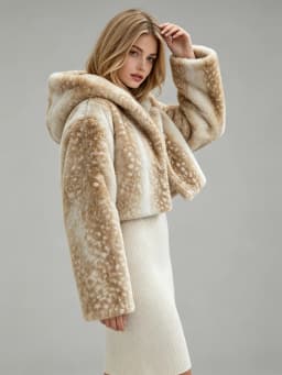 LIMO Women Deer Print Hooded Faux Fur Fluffy Plush Coat Winter Warm Casual Furry Outerwear