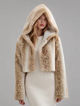LIMO Women Deer Print Hooded Faux Fur Fluffy Plush Coat Winter Warm Casual Furry Outerwear
