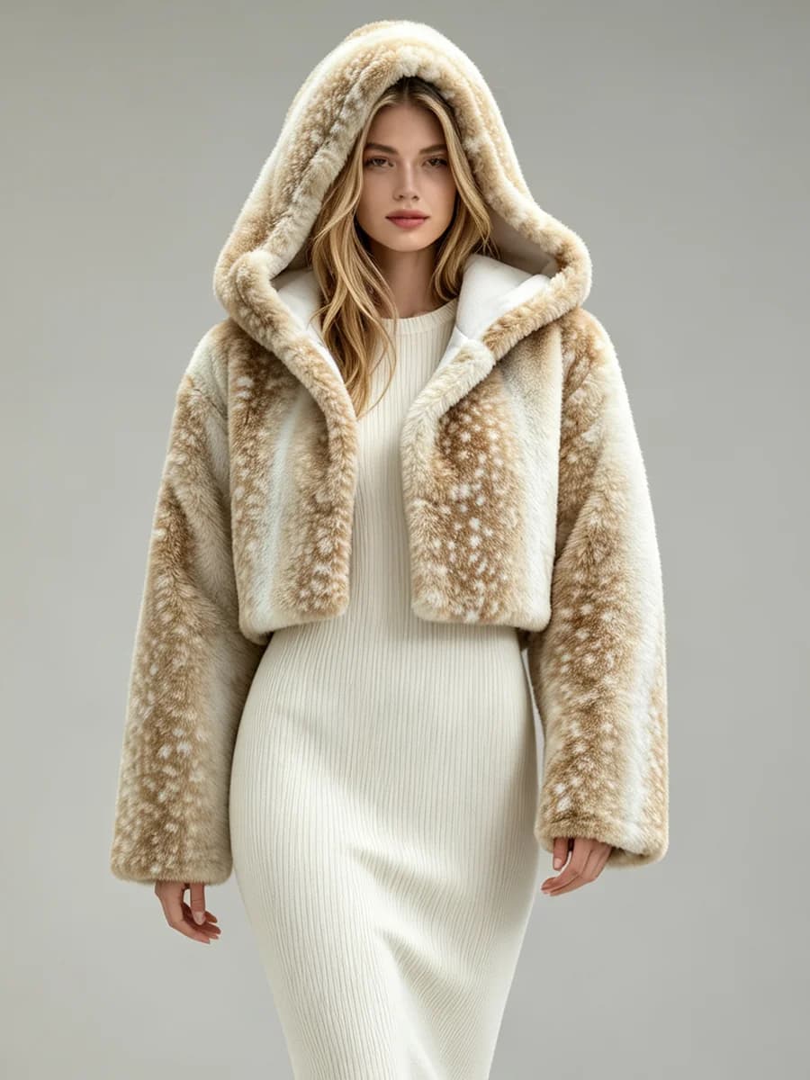 LIMO Women Deer Print Hooded Faux Fur Fluffy Plush Coat Winter Warm Casual Furry Outerwear