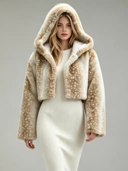LIMO Women Deer Print Hooded Faux Fur Fluffy Plush Coat Winter Warm Casual Furry Outerwear