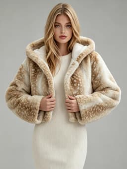 LIMO Women Deer Print Hooded Faux Fur Fluffy Plush Coat Winter Warm Casual Furry Outerwear