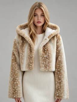LIMO Women Deer Print Hooded Faux Fur Fluffy Plush Coat Winter Warm Casual Furry Outerwear