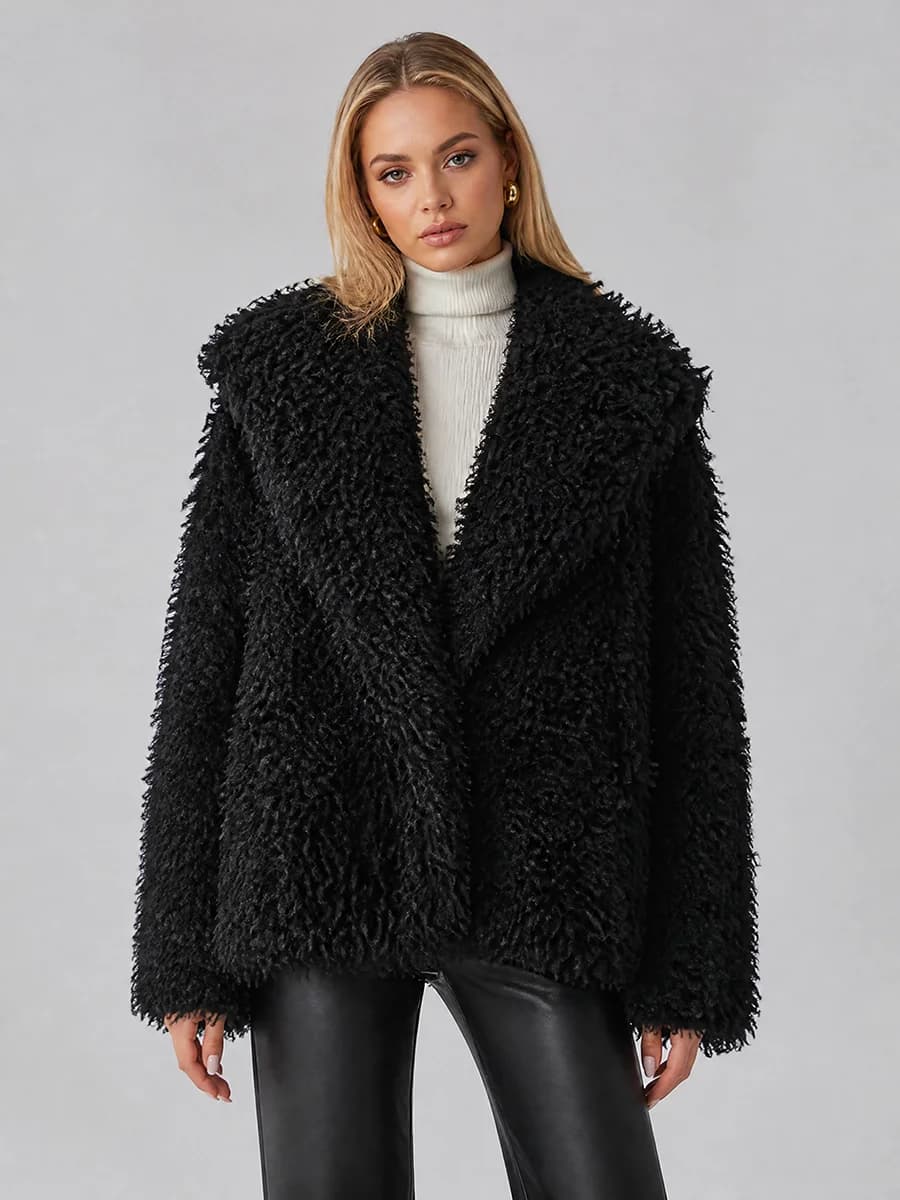 LIMO Women Shaggy Faux Fur Wide Lapel  Long Sleeve Cropped Fluffy Warm Winter Loose Streetwear Fashion Outer Coat
