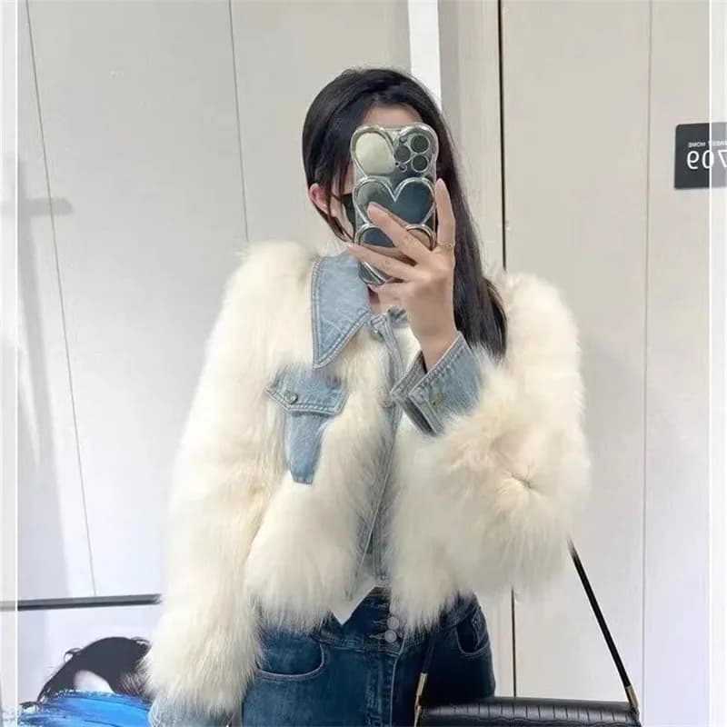 Female Cowboy Patchwork Fur Outwear Winter Ladies Fashion Faux Fur Top Coat Retro Women High End Long Sleeves Plush Jacket
