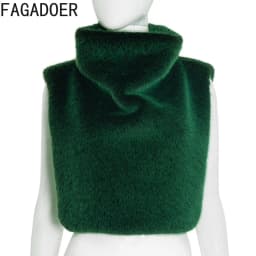 FAGADOER Winter New Fashion Fur Patchwork Bodycon Jacket Woman Green High Neck Sleeveless Crop Top Female Streetwear Clothing