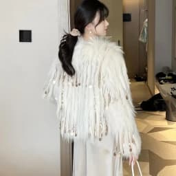 Winter Faux Fox Fur Grass Sequined Tassels Coat Women's Short Imitation Raccoon Fur Beaded Fringed Bomber Jacket Cardigan Abrigo