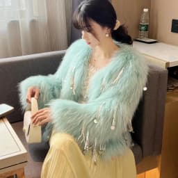 Winter Faux Fox Fur Grass Sequined Tassels Coat Women's Short Imitation Raccoon Fur Beaded Fringed Bomber Jacket Cardigan Abrigo