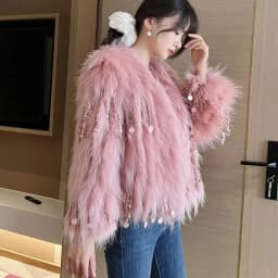 Winter Faux Fox Fur Grass Sequined Tassels Coat Women's Short Imitation Raccoon Fur Beaded Fringed Bomber Jacket Cardigan Abrigo