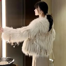 Winter Faux Fox Fur Grass Sequined Tassels Coat Women's Short Imitation Raccoon Fur Beaded Fringed Bomber Jacket Cardigan Abrigo
