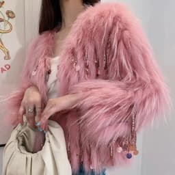 Winter Faux Fox Fur Grass Sequined Tassels Coat Women's Short Imitation Raccoon Fur Beaded Fringed Bomber Jacket Cardigan Abrigo