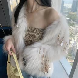 Winter Faux Fox Fur Grass Sequined Tassels Coat Women's Short Imitation Raccoon Fur Beaded Fringed Bomber Jacket Cardigan Abrigo