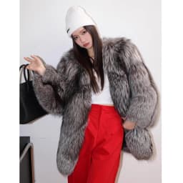 Women's fur coat Autumn-winter silver fox whole skin fox fur medium long thick long fur coat warm casual trench coat
