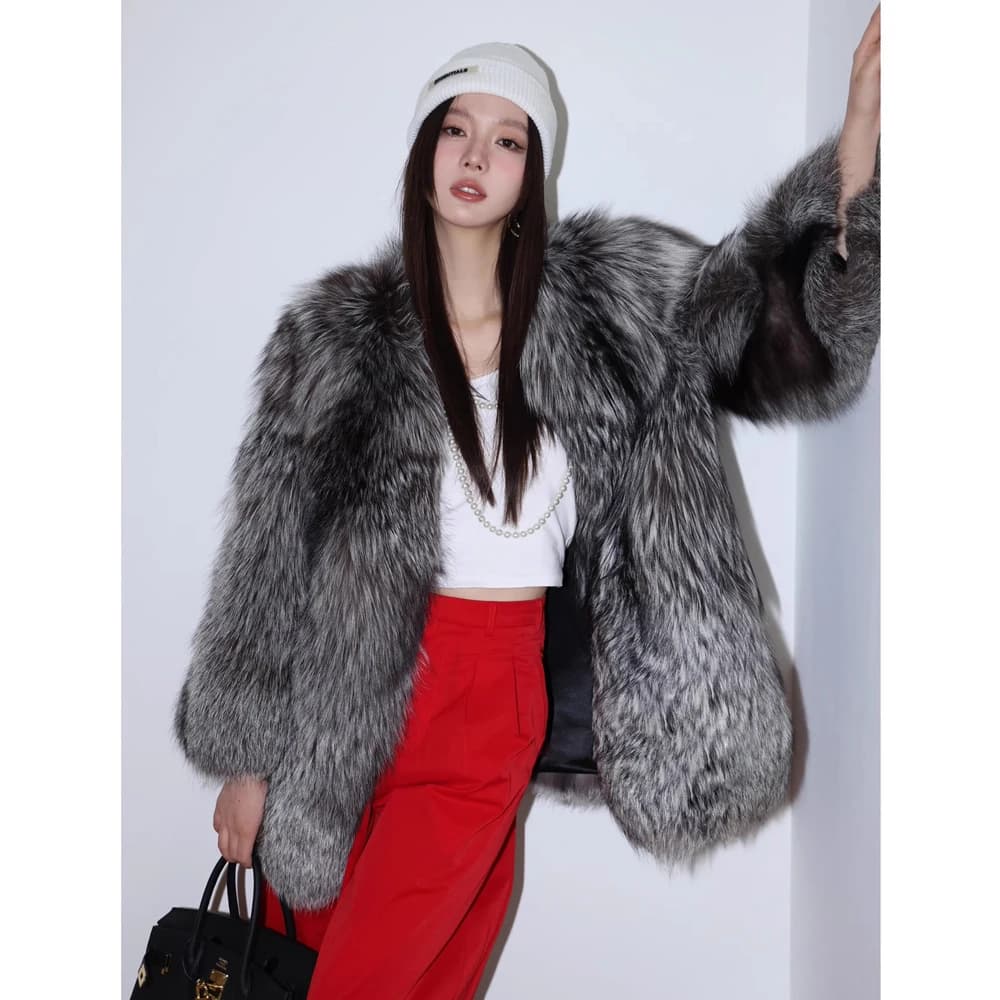 Women's fur coat Autumn-winter silver fox whole skin fox fur medium long thick long fur coat warm casual trench coat