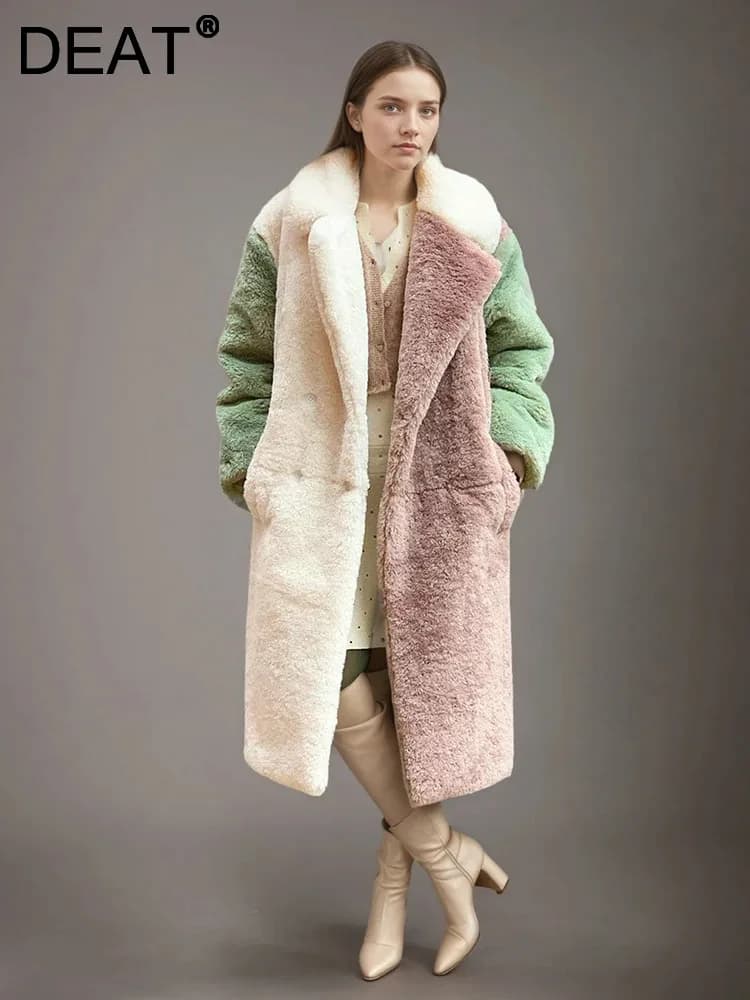 DEAT Fashion Contrast Color Faux Fur Coat Women's Lapel Loose Long Sleeves Plush Thick Overcoat Winter New