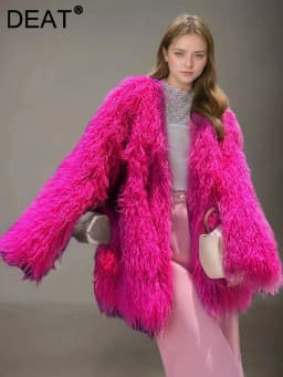 DEAT Fashion Rose Red Imitation Mongolia Sheep Fur Coat Women's Round Neck Loose Long Sleeves Faux Fur Jacket Winter New