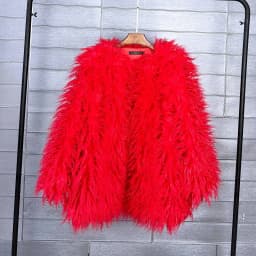 DEAT Fashion Rose Red Imitation Mongolia Sheep Fur Coat Women's Round Neck Loose Long Sleeves Faux Fur Jacket Winter New