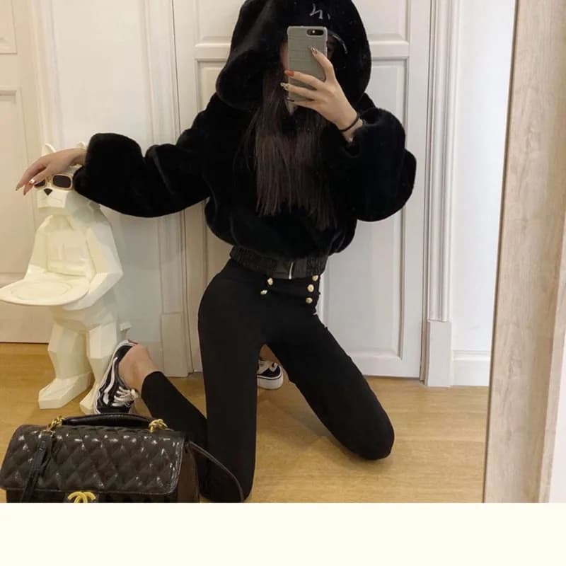 Y2k Women Soft Faux Fur Jacket Autumn Winter Cropped Jacket Black Long-sleeve Streetwear Zipper Jacket Warm Fur Coat Hooded Tops