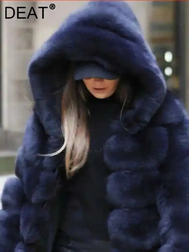 DEAT 2026 Autumn New Warm Solid Color Faux Fur Coat Women O-neck Long Sleeve Hooded Solid Color Thicken Clothing Female 15C692