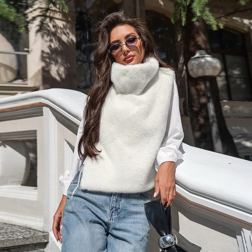 DANXRUHA 2026 Fashion Women's Faux Fur Coat Artificial Sable Vest Autumn Winter Turtleneck Eco Mink Fur Tank Tops Sleeveless