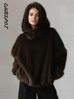 Women's Faux Fur Coats Hooded Patchwork Zipper Cropped Jackets Street Female Lantern Long Sleeves Loose Autumn Winter Outerwears