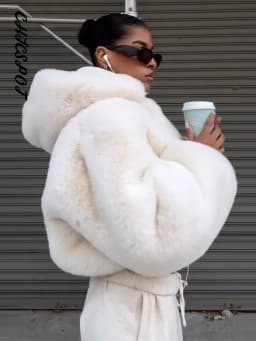 Women's Faux Fur Coats Hooded Patchwork Zipper Cropped Jackets Street Female Lantern Long Sleeves Loose Autumn Winter Outerwears