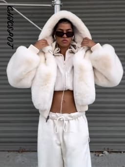 Women's Faux Fur Coats Hooded Patchwork Zipper Cropped Jackets Street Female Lantern Long Sleeves Loose Autumn Winter Outerwears