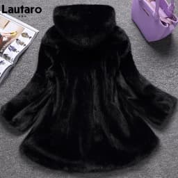 Lautaro Winter Black Warm Thick Hairy Soft Faux Mink Fur Coat Women with Hood Elegant Luxury Fluffy Jacket 2022 4xl 5xl 6xl 7xl