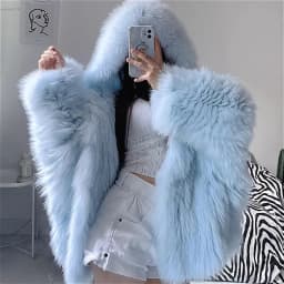 Faux Fox Fur Coats Women Fur Jackets Mid Length Blue Hooded Long Sleeves Thick Warm Fur Loose Fit Casual 2025 Autumn Winter