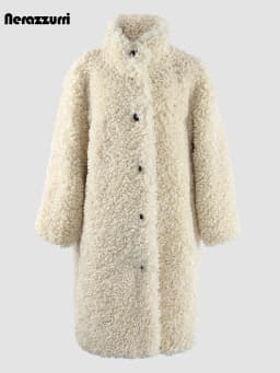 Nerazzurri Winter Long Oversized Fuzzy Thick Warm Soft Fluffy Faux Fur Coat Women Single Breasted Loose Casual Korean Fashion