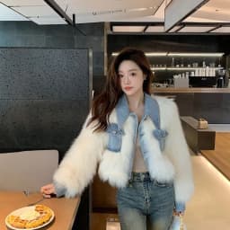 New Women's fur Coat Denim Stitching Mao Mao Short Coat Faux fur and Cotton Padded Women's Winter High Waist Fashion Short Coat