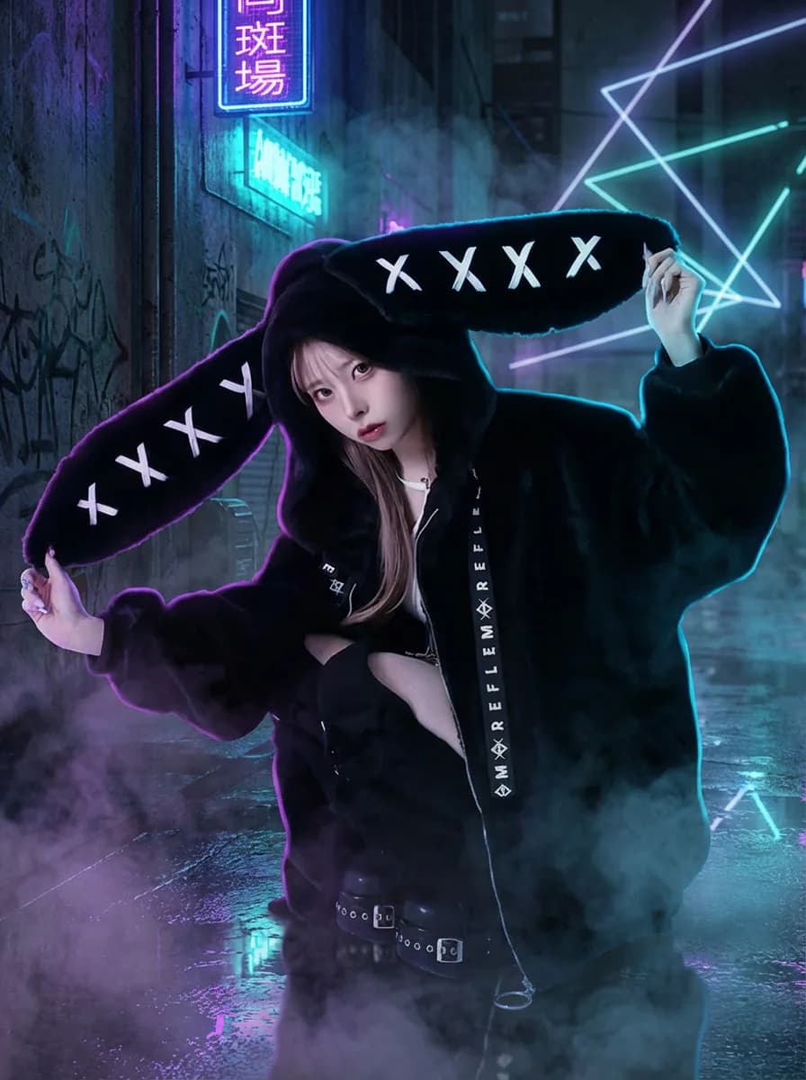 Trendy Womens Black Cute Bunny Ear Collar Zip Up Jacket Y2K Kawaii Oversized Plush Coat Street Style Plush Bunny Ear Warm Coat