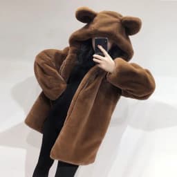 Cosy Loose Faux Fur Coat Womens Faux Fur Fuzzy Hooded Fluffy Ears Surcoat Overcoat Woman Winter Warm Outerwear Snowy Day Wrap