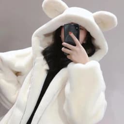 Cosy Loose Faux Fur Coat Womens Faux Fur Fuzzy Hooded Fluffy Ears Surcoat Overcoat Woman Winter Warm Outerwear Snowy Day Wrap