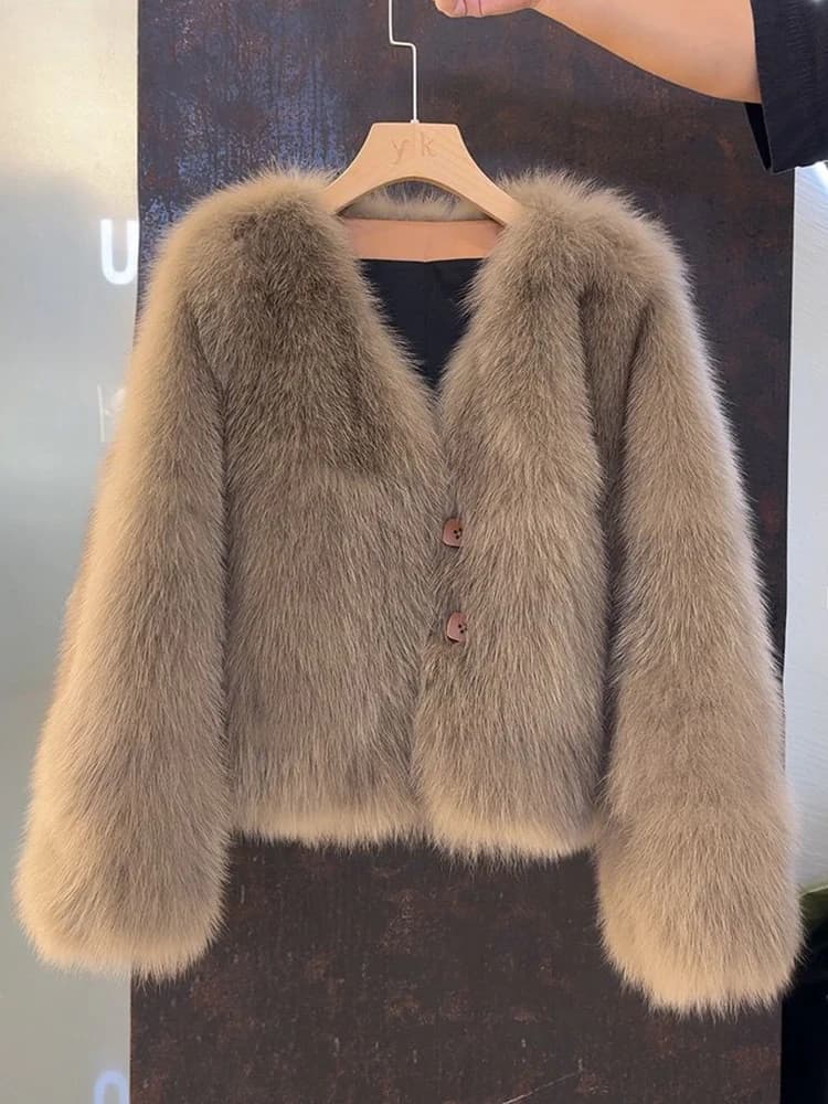 V Neck Faux Fur Fox Coat Women Vintage Slim Long Sleeve Elegant Jacket Winter Casual Female All Match Korean Soft Solid Outwear
