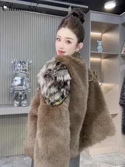 Winter Clothes New European Mink Fur Shearling Coat Women Fashion Real Fox Fur Collar Loose Long Sleeve Warm Elegant Fur Coat