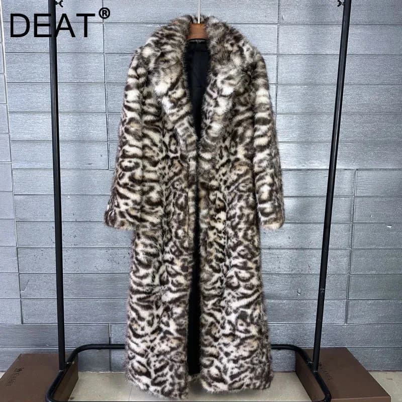 DEAT 2026 Winter Thick Leopard Print Faux Fox Fur Coat For Women Contrast Color High Quality Suit Collar Overcoat 11A06743