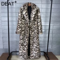 DEAT 2026 Winter Thick Leopard Print Faux Fox Fur Coat For Women Contrast Color High Quality Suit Collar Overcoat 11A06743