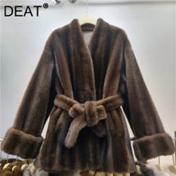 DEAT 2026 Autumn Winter New Fashion Style Faux Mink Fur Belted Coat For Women High Quality Soft Lace-up Waist Jacket 11A07840