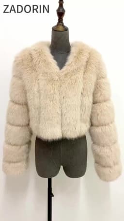 ZADORIN Luxury Cropped White Faux Fox Fur Coat Woman Clothing V Neck Long Sleeve Winter Fluffy Faux Fur Jacket Fur Coats Woman