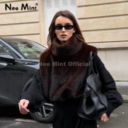 Neo Mint Eco Mink Fur Tank Top Sleeveless Jacket Coat Women 2025 Brand Fashion Faux Fur Sable Vest Crop Autumn Winter Turtleneck