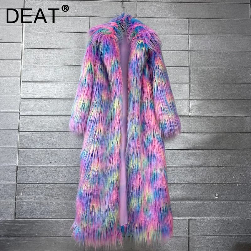 DEAT 2026 Winter New Items Imitation Colorful Long Coat For Women Faux Fur Suit Collar Long Sleeve Trench Jacket Female 11A05577