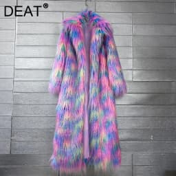DEAT 2026 Winter New Items Imitation Colorful Long Coat For Women Faux Fur Suit Collar Long Sleeve Trench Jacket Female 11A05577